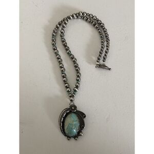 Vintage Native American Navajo Pearl Turquoise Necklace Signed 19"
